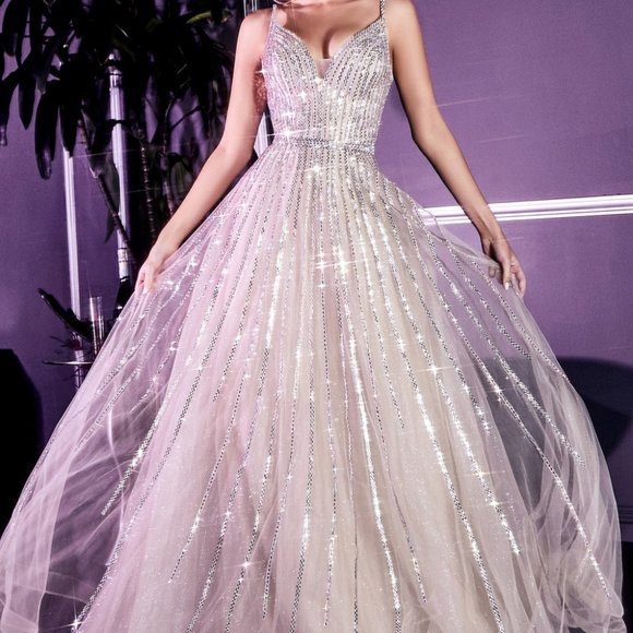 NWT Platinum Prom party evening FORMAL long A-LINE EMBELLISHED TULLE GOWN CD940 - Picture 7 of 7
